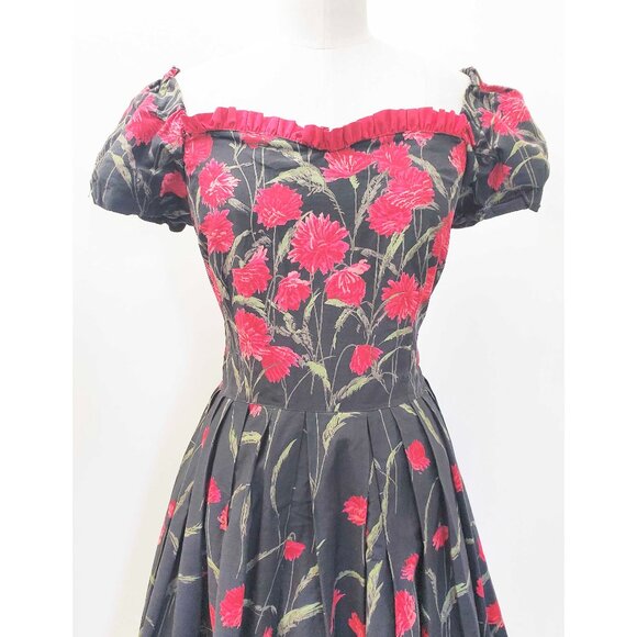 Vintage 1950s Womens Fit & Flare Red FLoral Black Cotton Pinup Party Dress - Picture 10 of 10